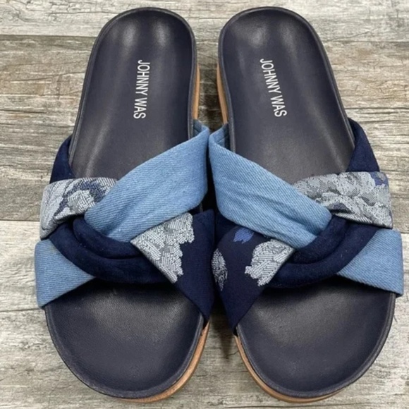 Johnny Was Jacquard Twist Wrap Blue Multi Slide Sandal sz 7 - Picture 3 of 7